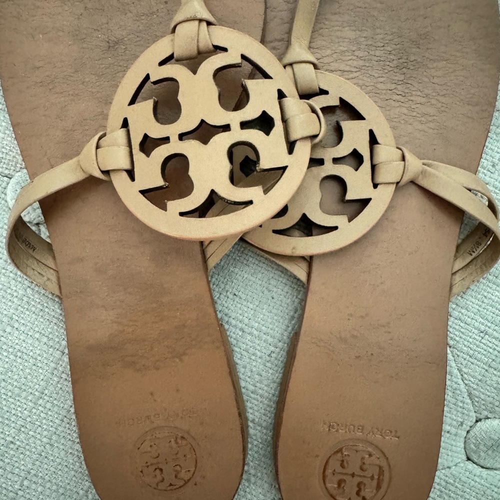 Tory Burch Nude Tan Logo Cutout Leather Sandals